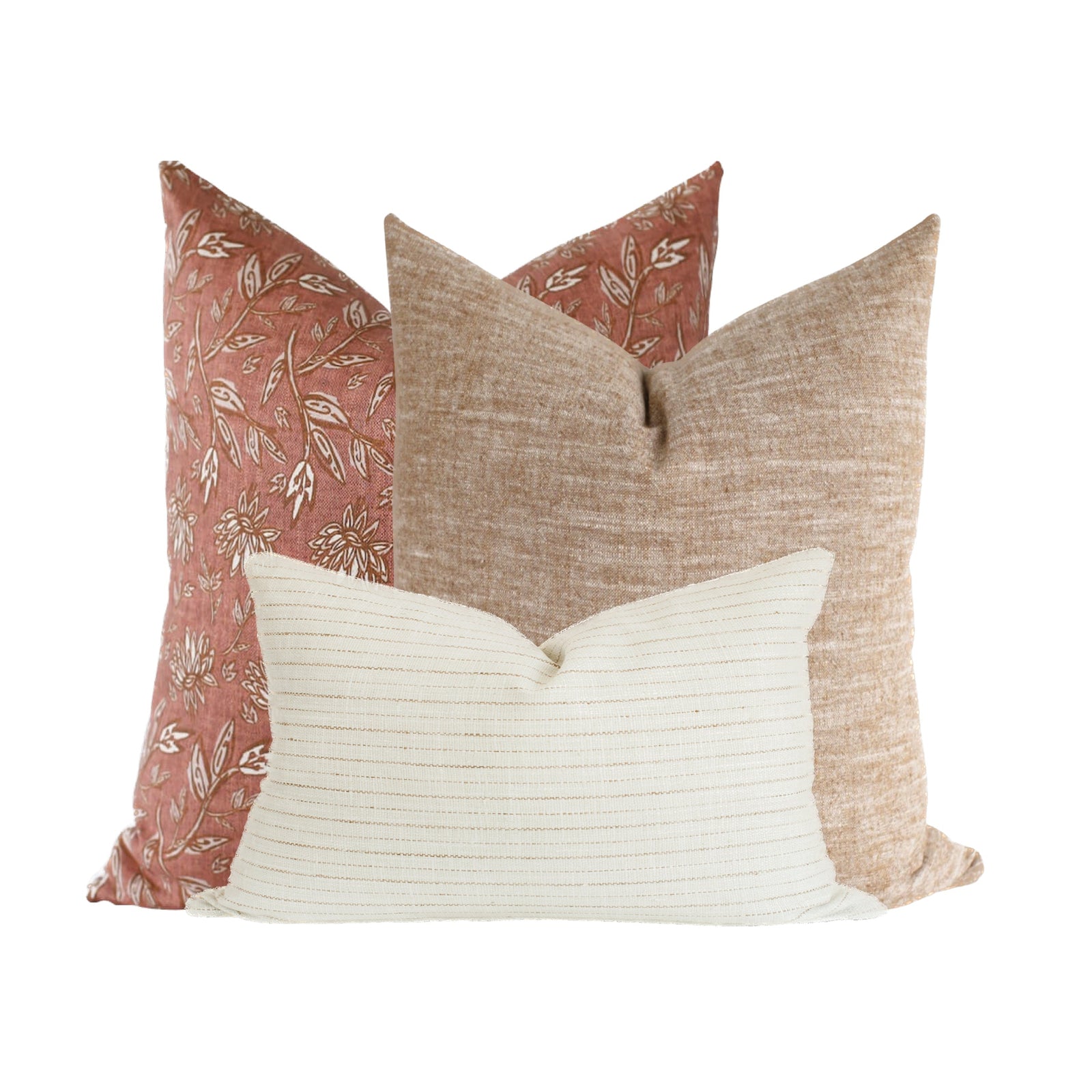 Close-up of a textured terracotta floral pillow cover on a neutral-toned sofa, highlighting its subtle pattern, fabric details, and discreet zipper.