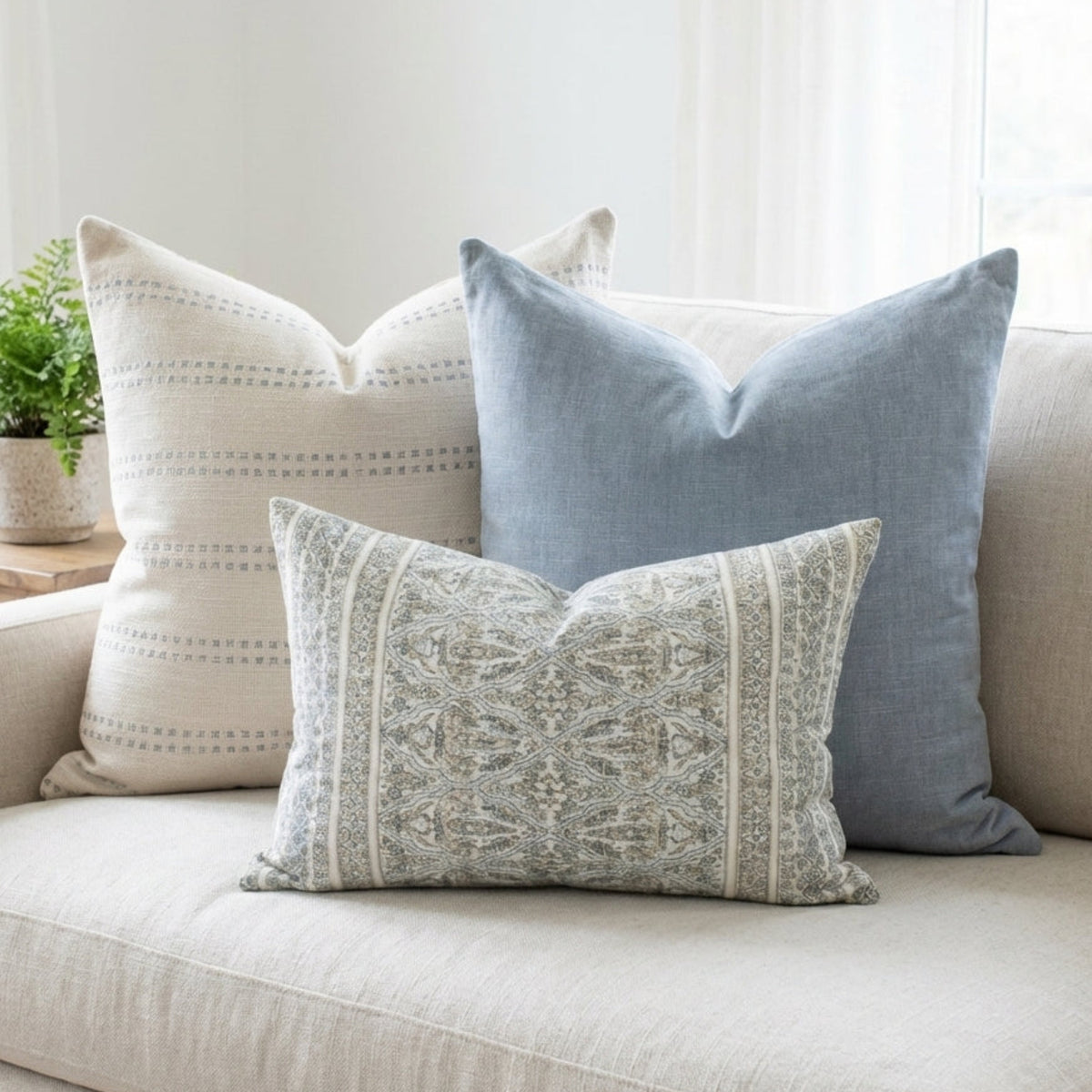 Close-up of Oversized Combo 9 pillow covers on neutral-toned sofa, highlighting fabric textures, patterns, and hidden zippers.