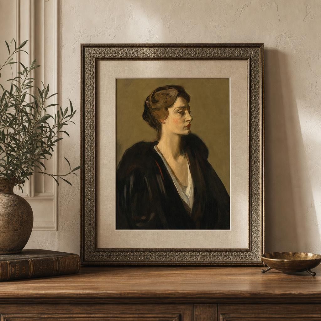 Close-up of Fiona vintage portrait art print focusing on textured paper, painterly details, and visible wear with soft daylight highlighting authenticity.
