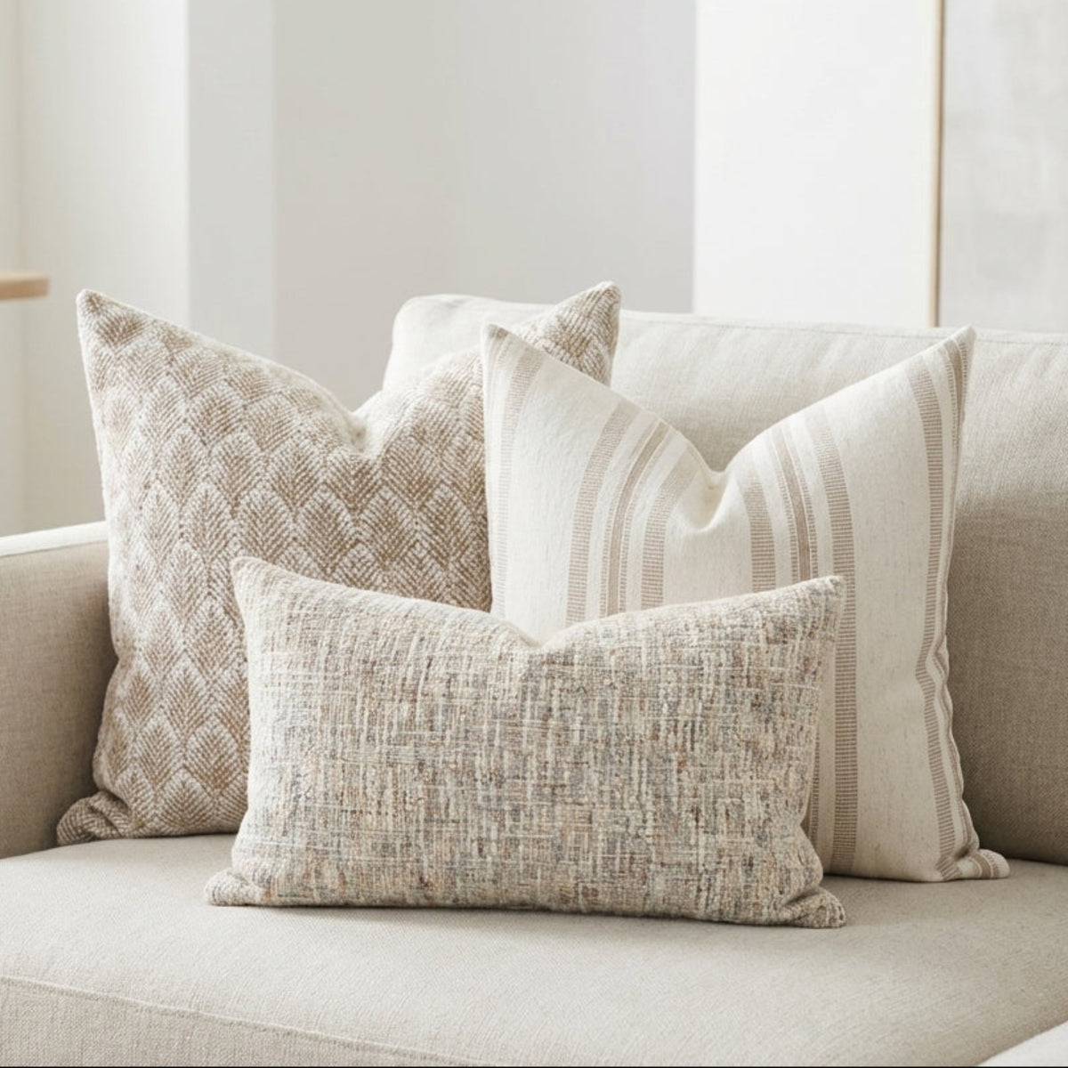 Close-up of Whitaker Sofa Combo 2 pillows showing woven textures and seamless white zippers on a neutral-toned modern sofa.