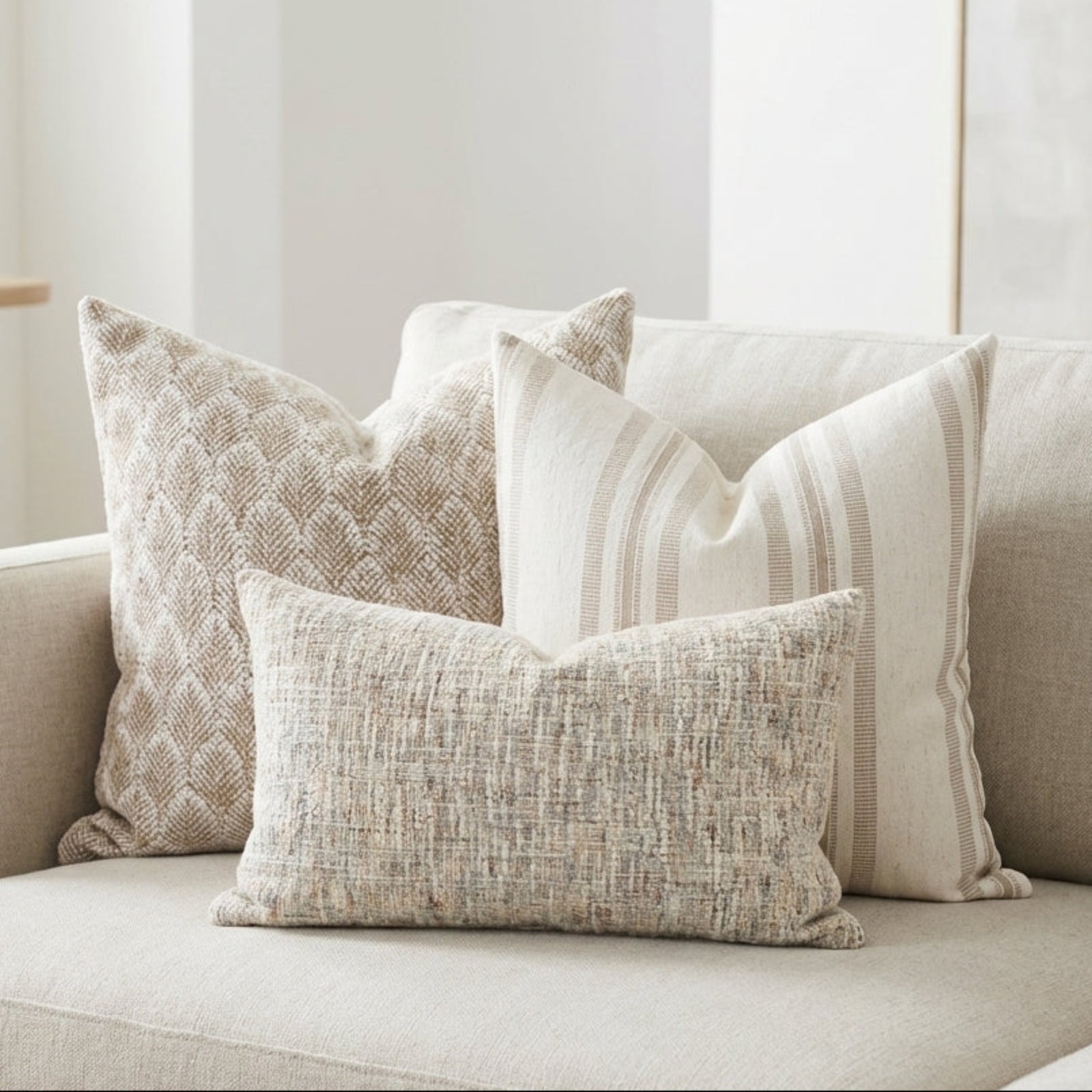 Close-up of Whitaker Sofa Combo 2 pillows showing woven textures and seamless white zippers on a neutral-toned modern sofa.