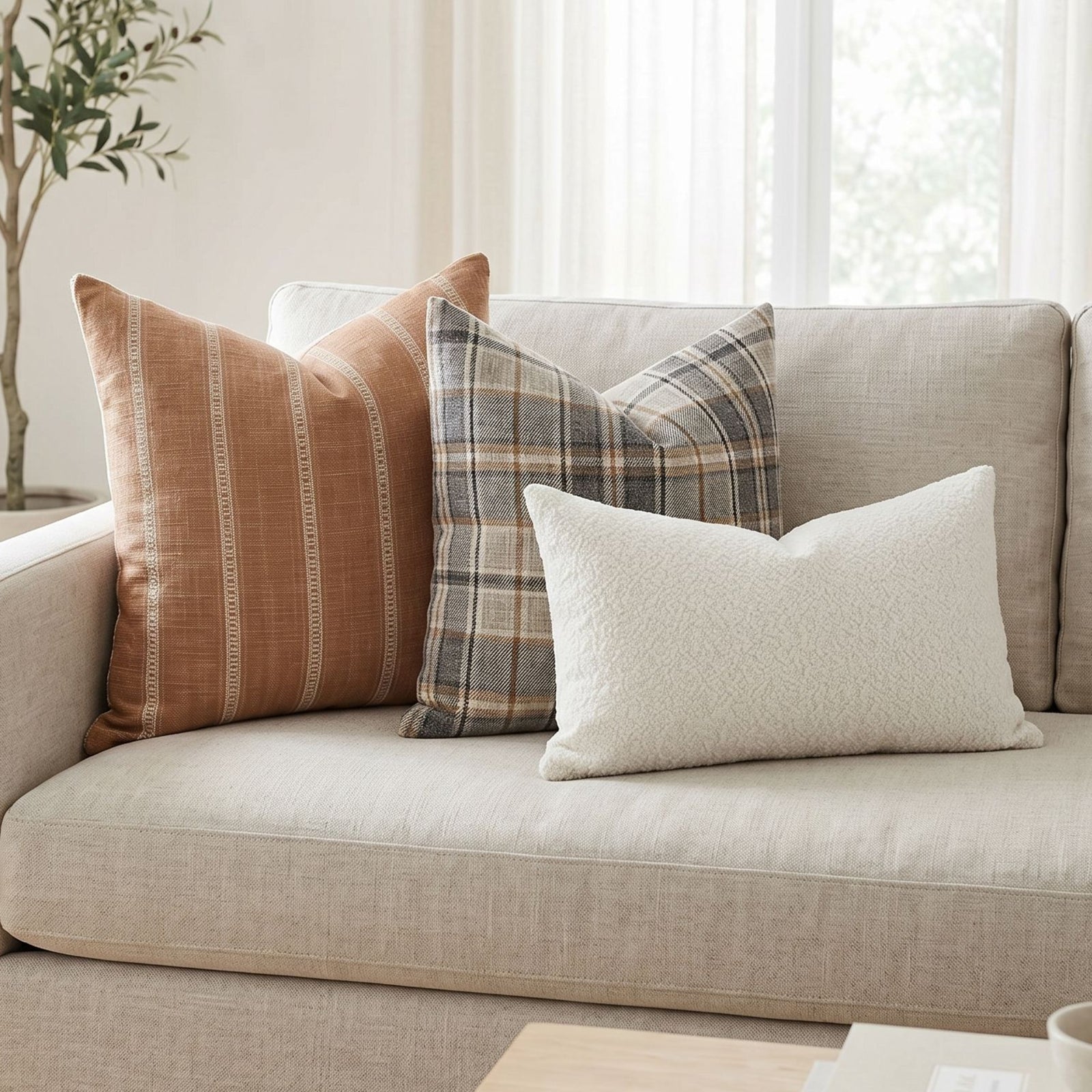 Wide-angle shot of sofa with Kyrstan, Merritt, and Nova pillows in a simple, airy space with soft lighting highlighting fabric textures.