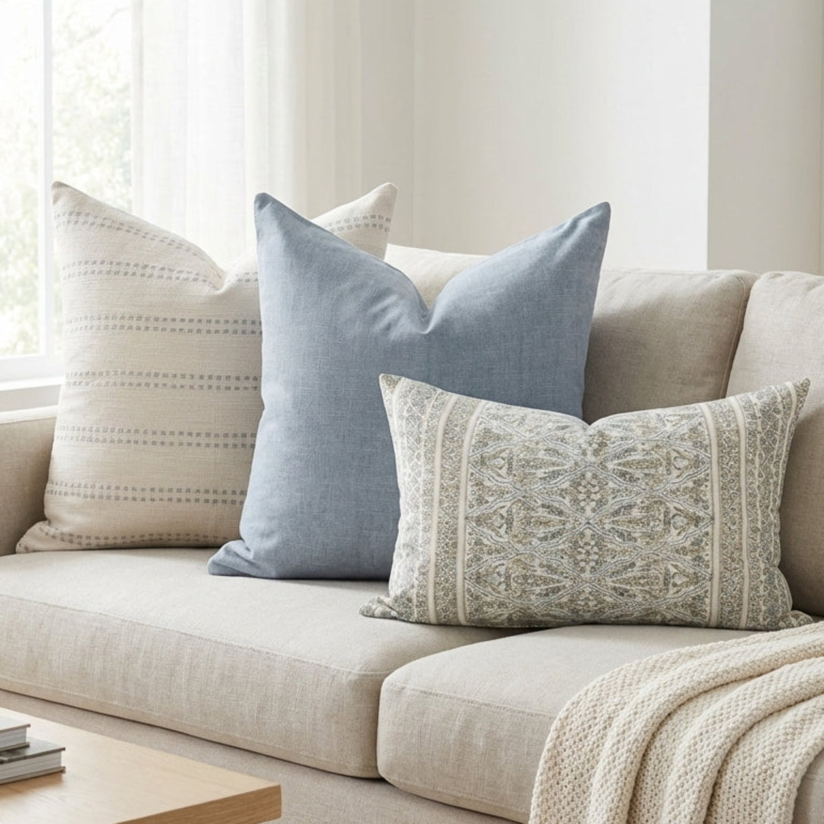 Wide-angle shot of Oversized Combo 9 pillows on a modern neutral sofa in airy living room, emphasizing colors and fabric textures.