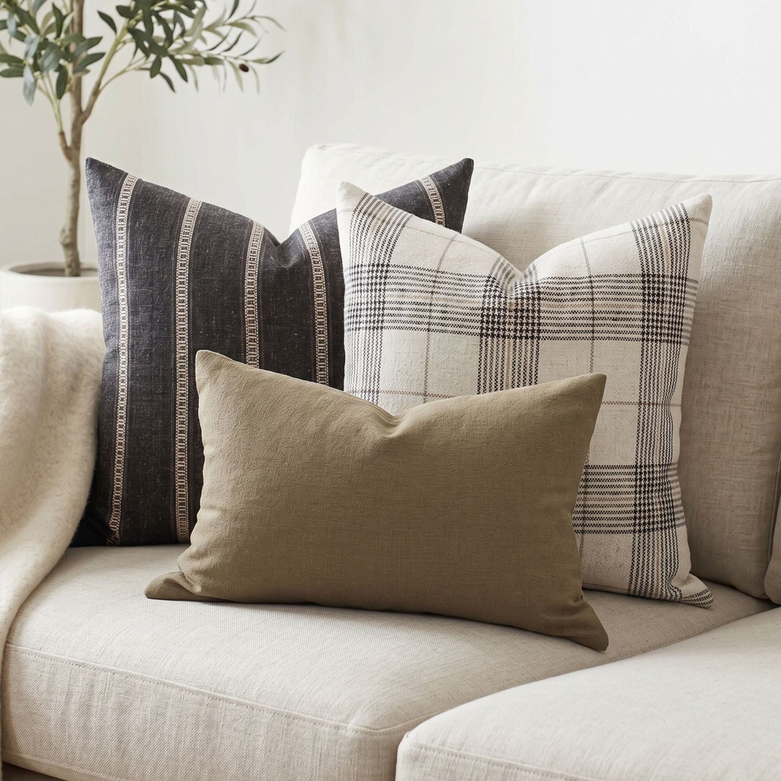 Close-up of Xavier pillow cover on airy sofa, showing stitched-stripe detail and micro-texture in natural light.