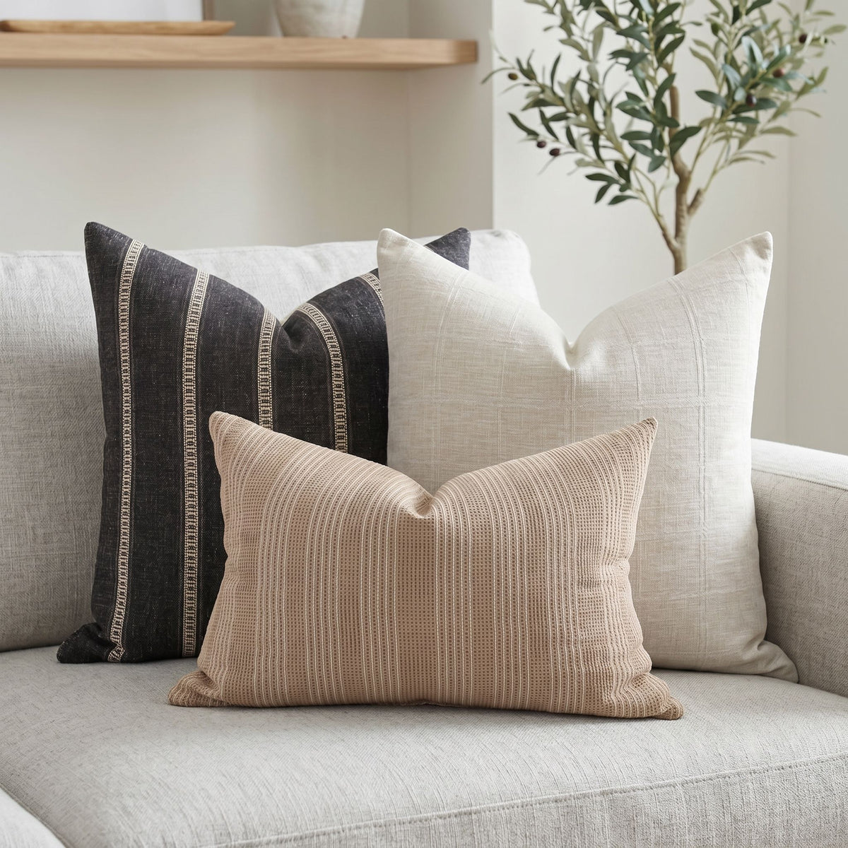 Close-up of Xavier, Margot, and Zara pillows on a neutral sofa, highlighting textures and hidden zipper on Xavier pillow in a bright, airy space.
