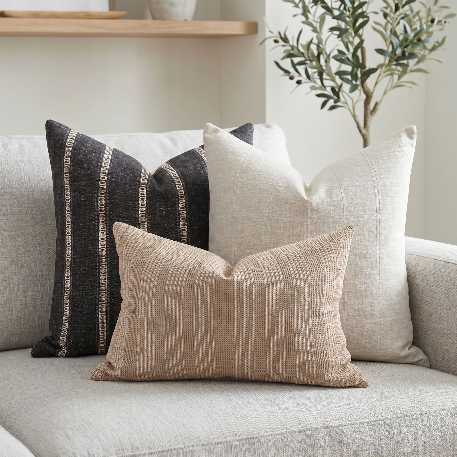 Close-up of Xavier, Margot, and Zara pillows on a neutral sofa, highlighting textures and hidden zipper on Xavier pillow in a bright, airy space.