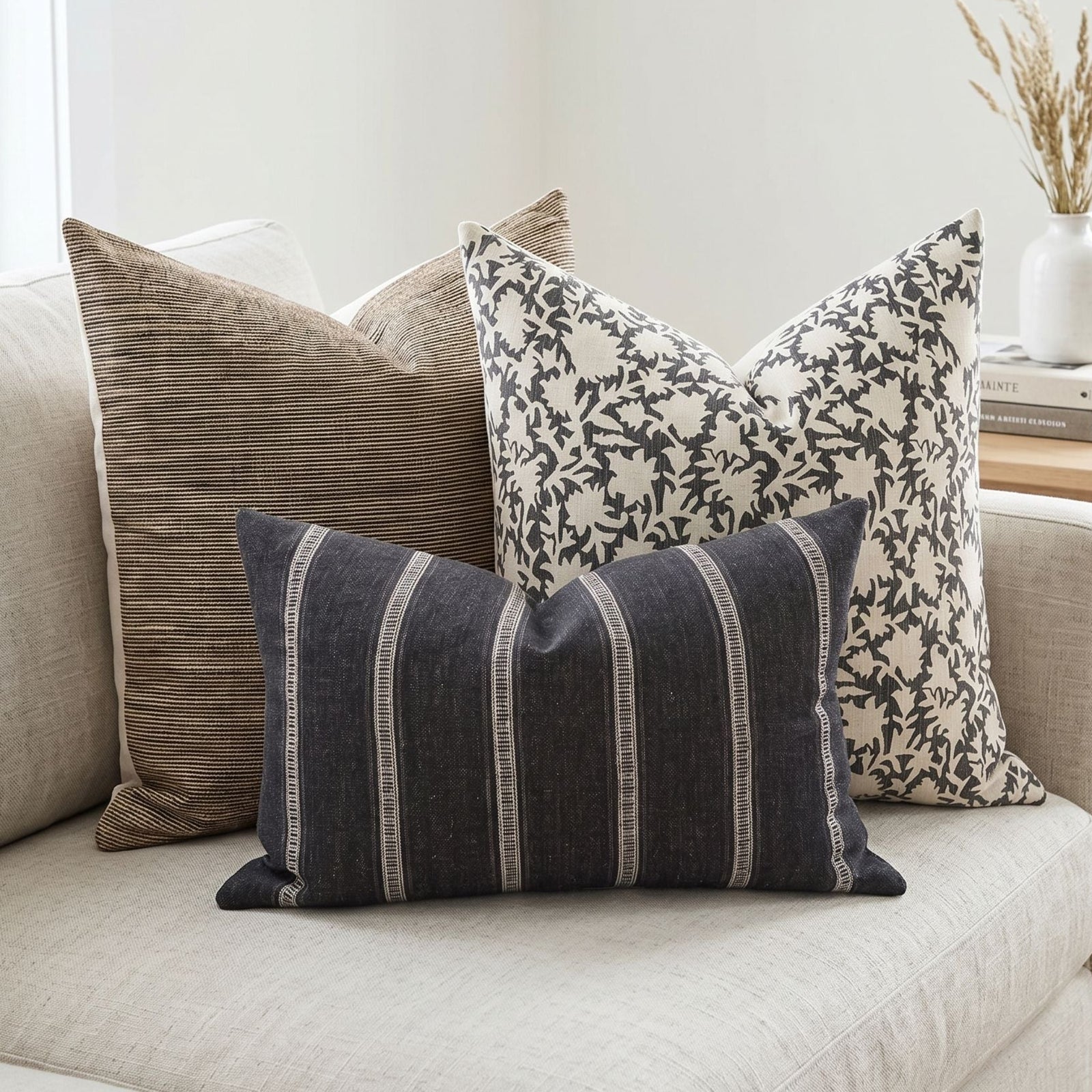 Photorealistic scene of Xavier Sofa Combo 4 pillows arranged on a neutral-toned airy sofa in a minimalistic, softly lit living room, highlighting textures and botanical motifs.