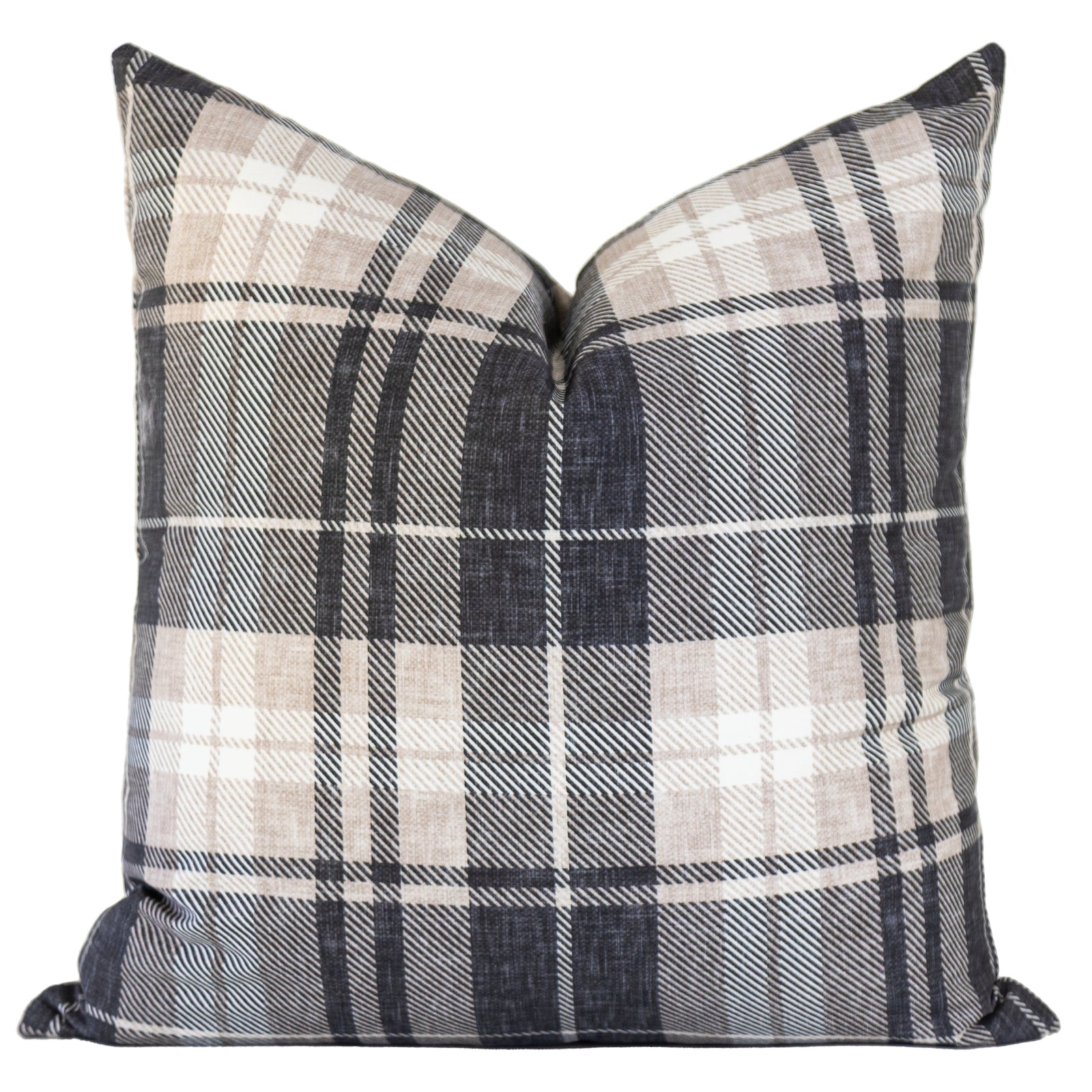 A plaid pillow cover in black, beige, and white, featuring a zippered closure.