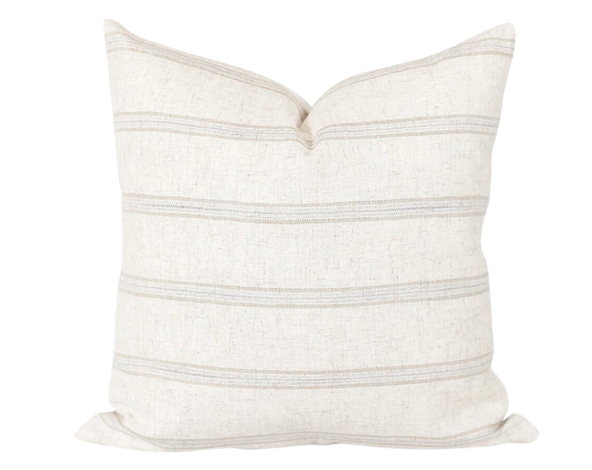 Features a soft beige woven fabric with subtle horizontal stripes in grey and tan colors.