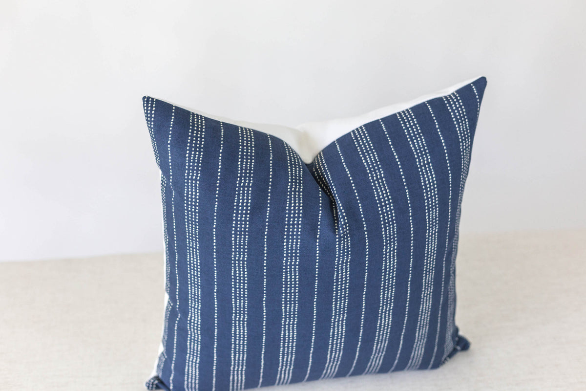 Navy Blue Pillow Cover with White Dotted Stripes