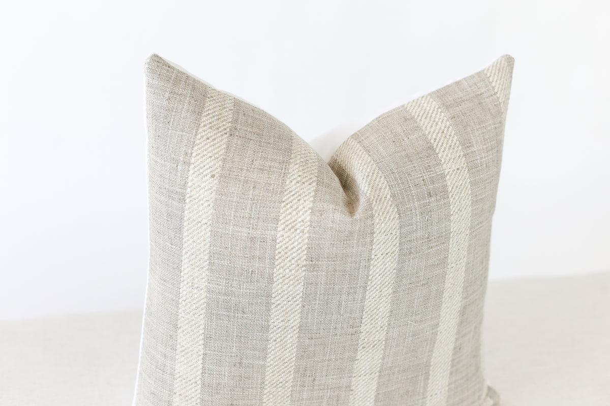 Grey and Beige Striped Linen Pillow Cover