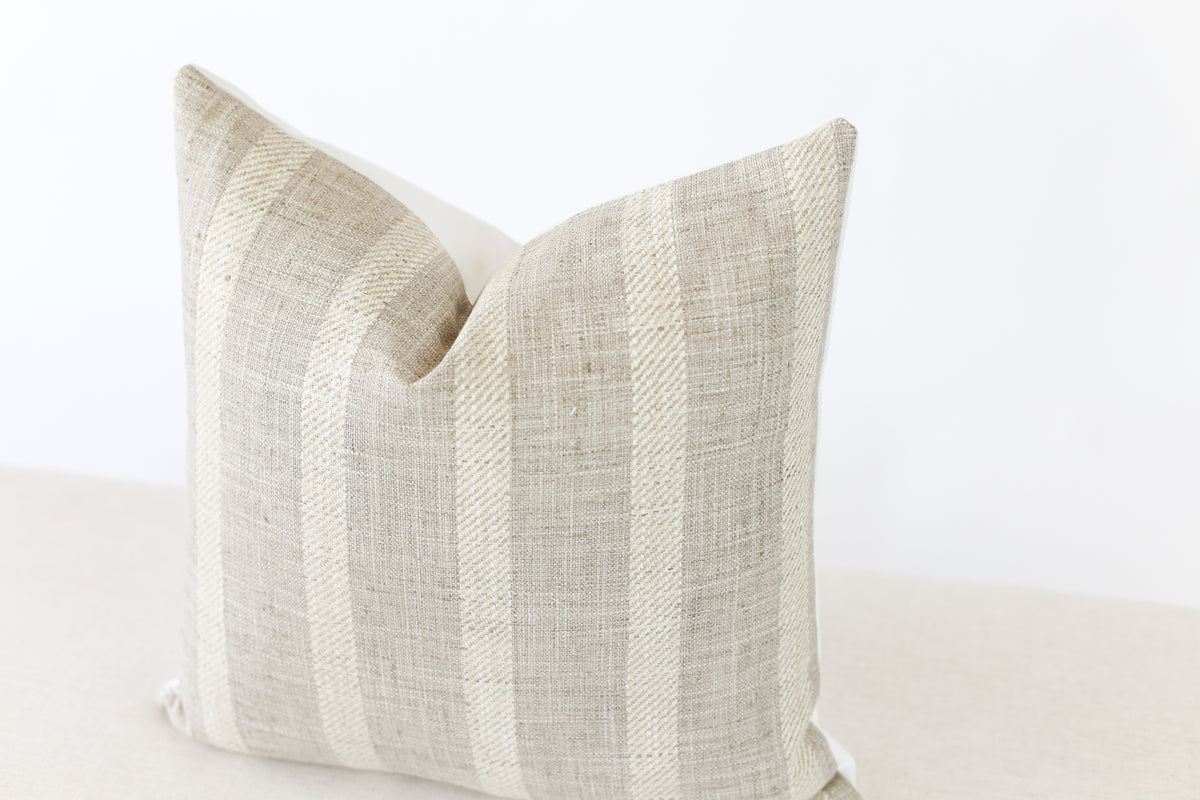 Grey and Beige Striped Linen Pillow Cover