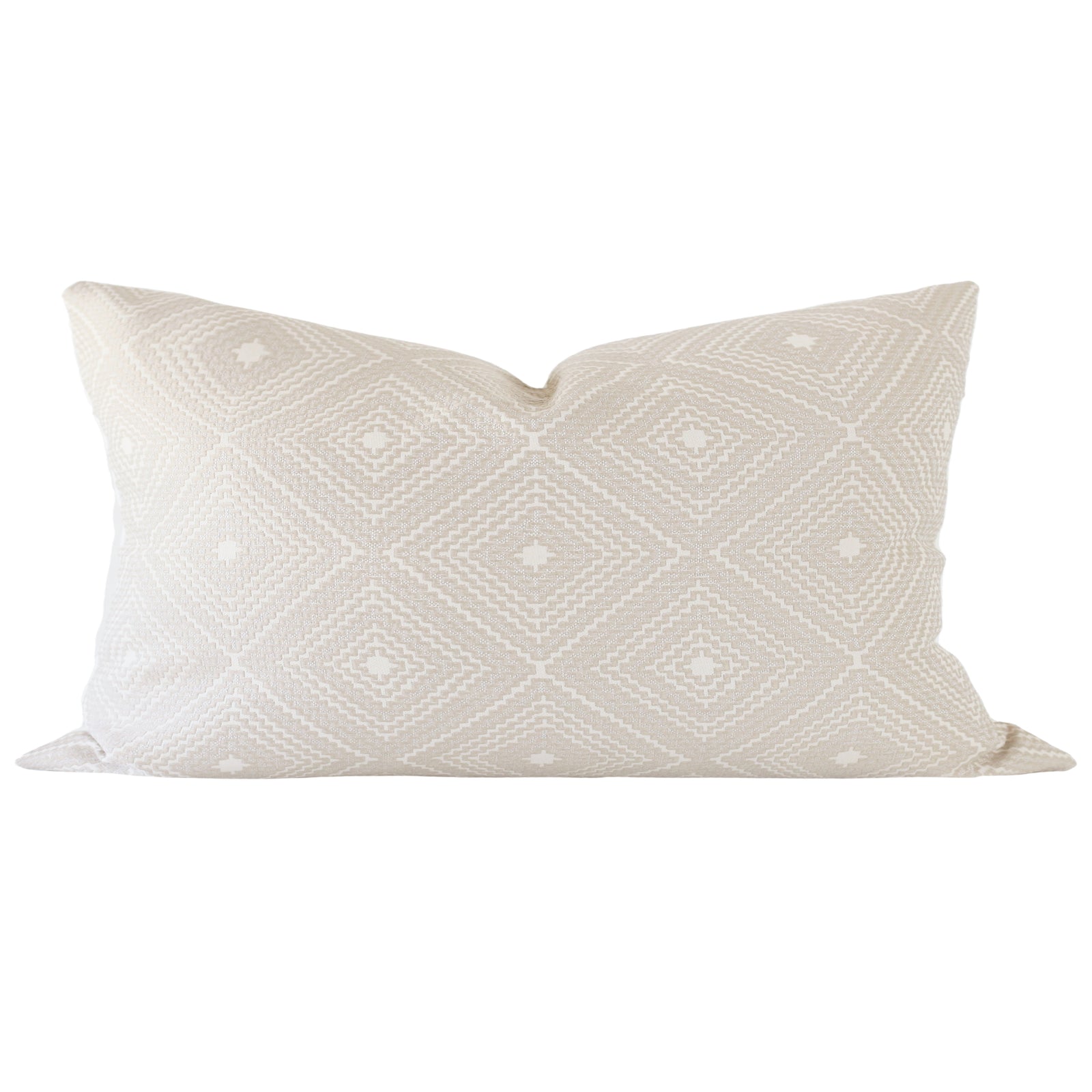 Cream geometric throw pillow cover with neutral diamond pattern on white background