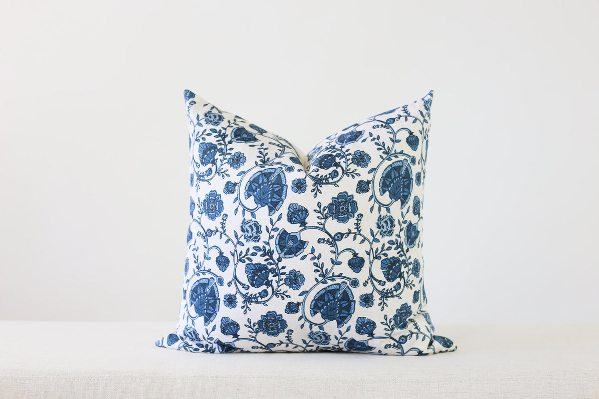 Blue and Soft Beige Floral Print Pillow Cover Laurel and Blush