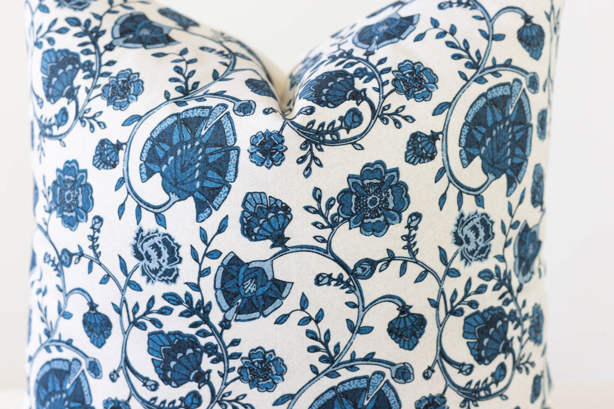 blue floral print damask pillow cover