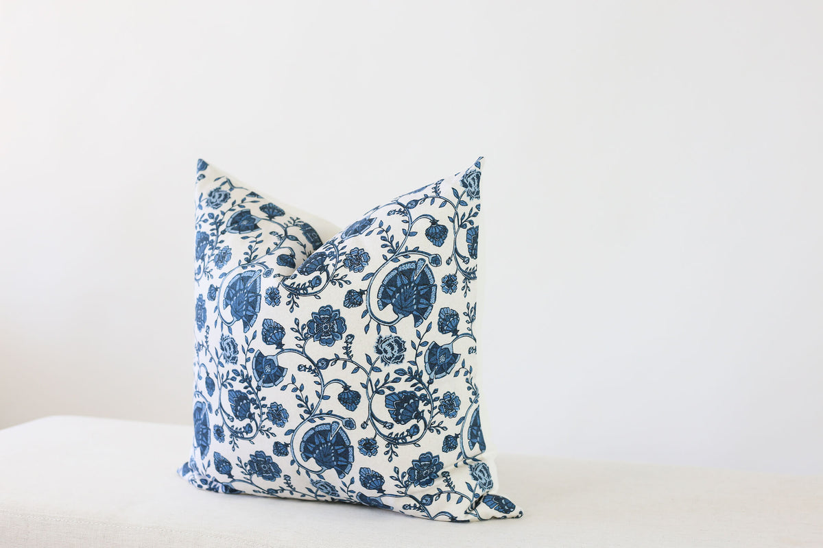 blue floral print damask pillow cover
